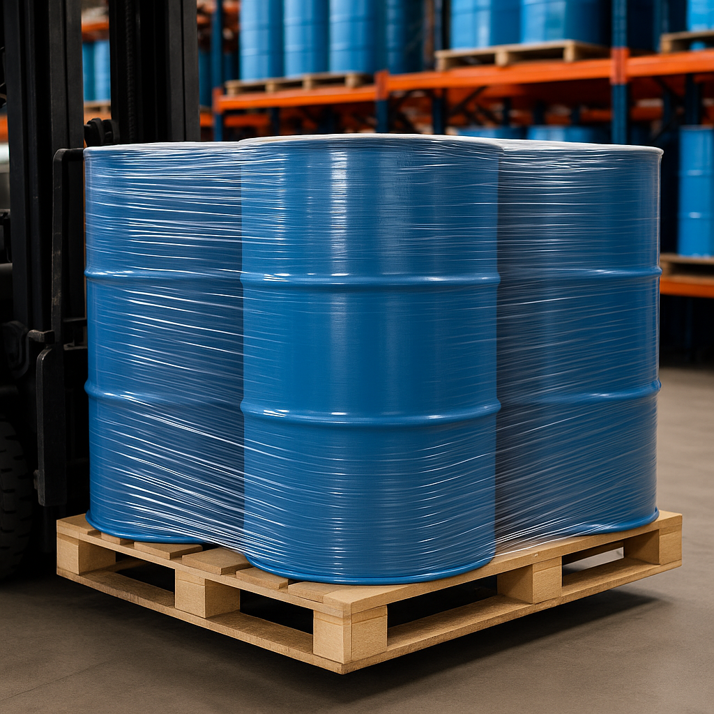 Armazém com tambores azuis e empilhadeira.png